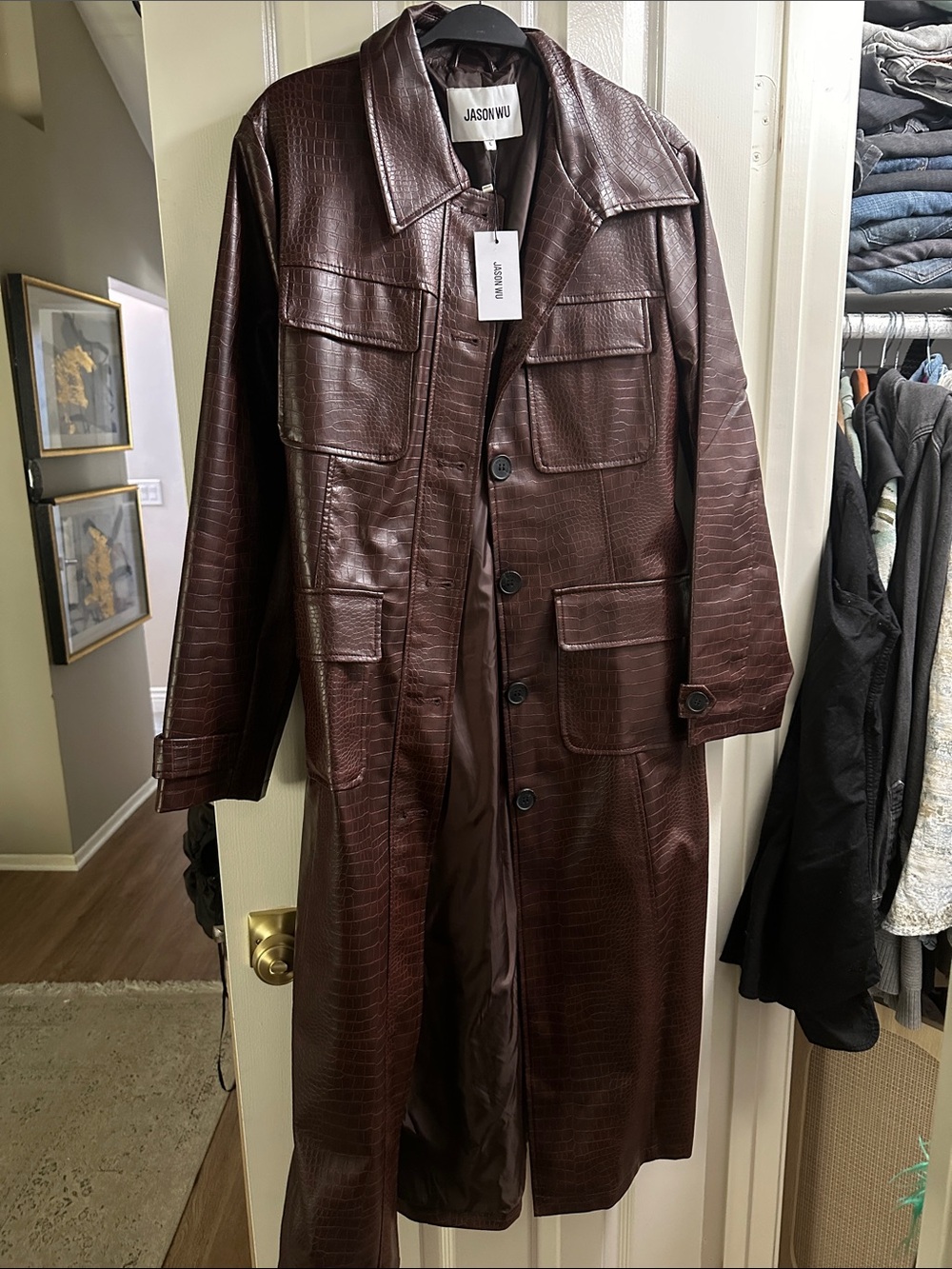 Jason Wu Men's Dark Brown Faux Croc Trench Coat